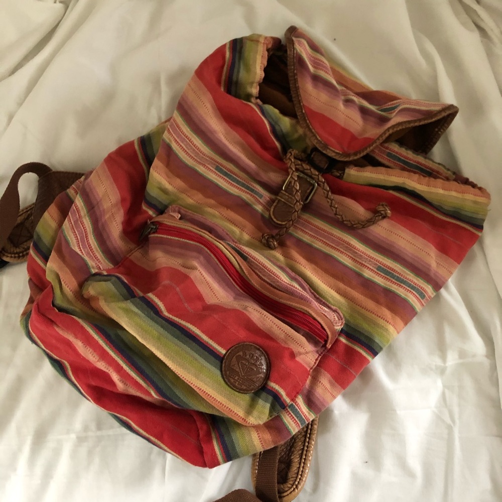 Striped comfy roxy cloth and leather backpack